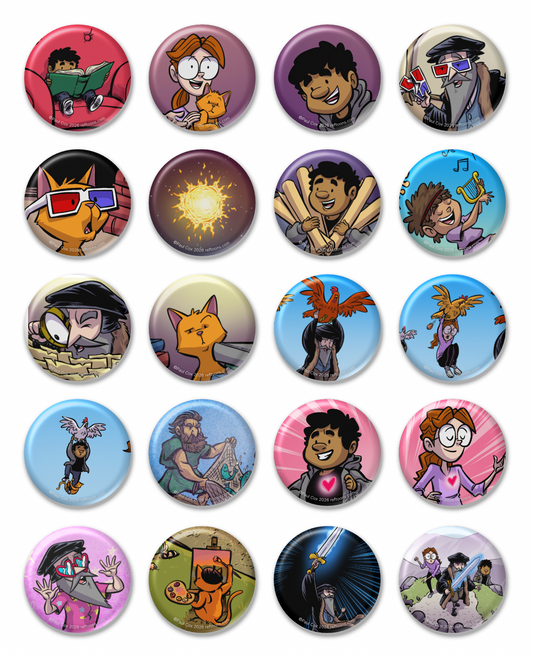 3 Random Pinback Buttons from John Calvin's Illustrated Institutes Issue 2, Book 1, Chapters 6-9